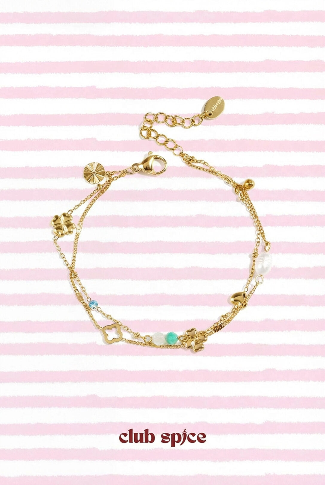 Armband met klaver, kraaltjes en steentjes